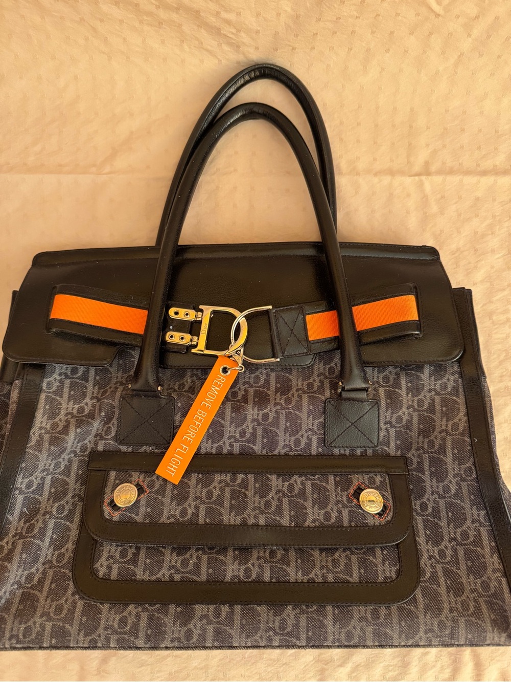 Dior Navy Canvas Tote with Black Leather & Orange Accents